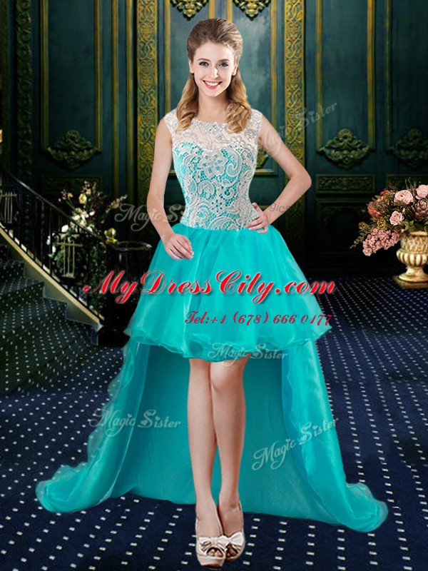 High-neck Sleeveless Sweet 16 Dresses Floor Length Lace Aqua Blue Tulle