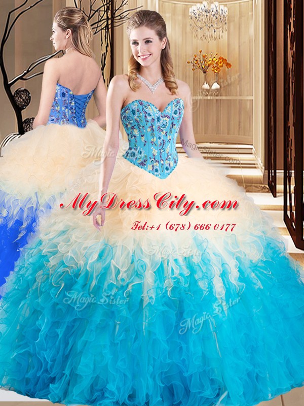 Floor Length Lace Up Quinceanera Dress Multi-color for Military Ball and Sweet 16 and Quinceanera with Embroidery and Ruffles