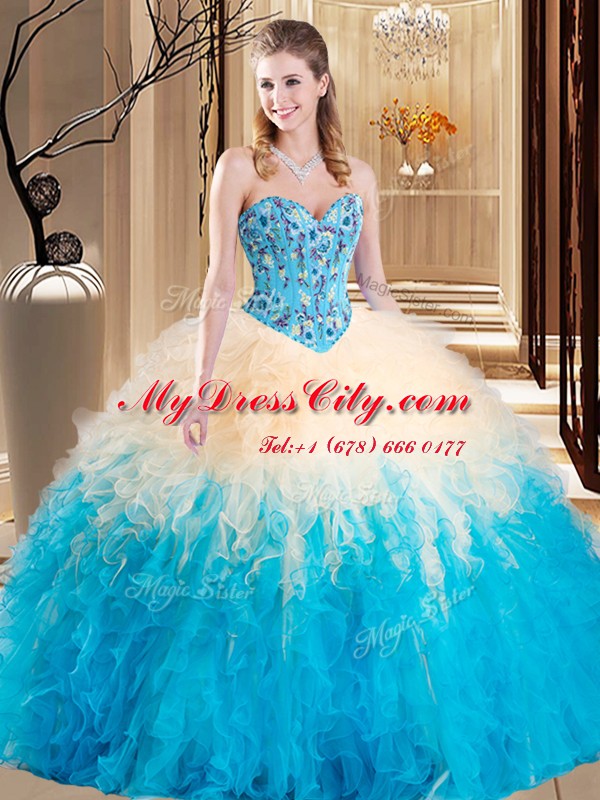 Floor Length Lace Up Quinceanera Dress Multi-color for Military Ball and Sweet 16 and Quinceanera with Embroidery and Ruffles