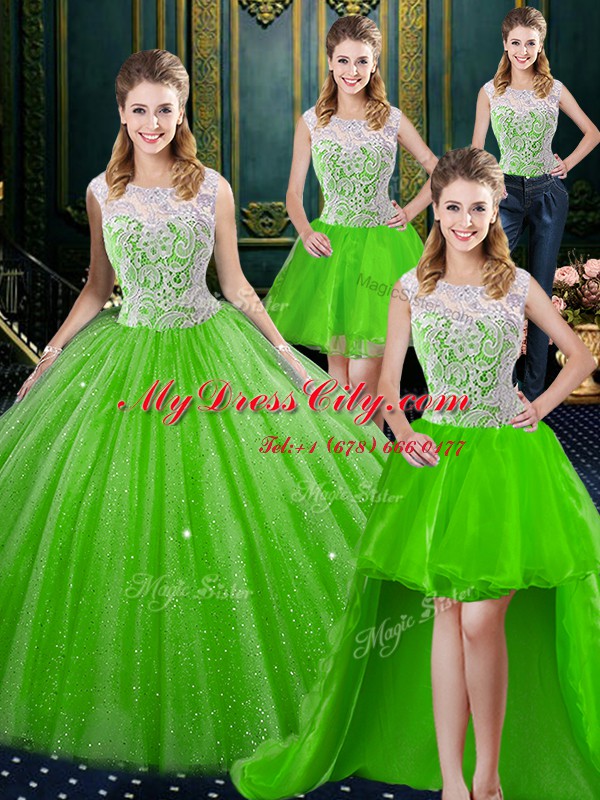 Latest Four Piece Sleeveless Tulle Floor Length Brush Train Zipper Sweet 16 Dress in with Lace