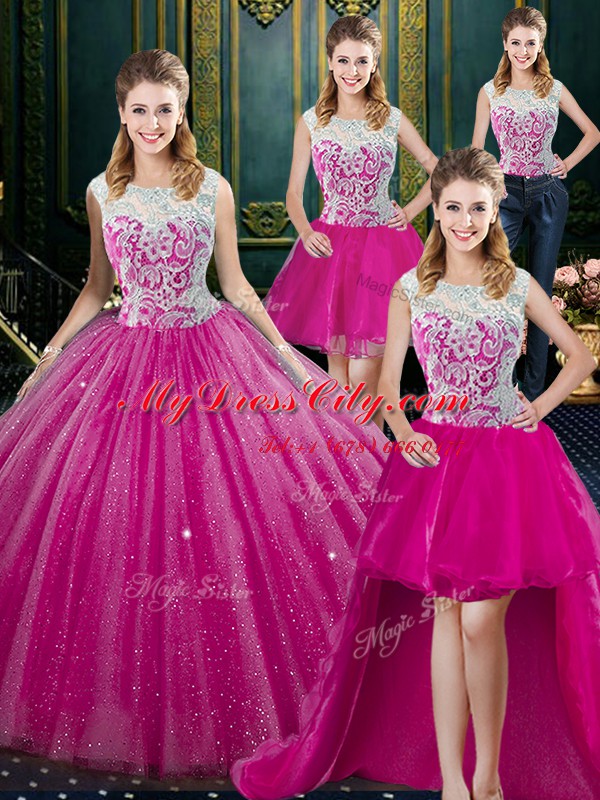 High Quality Four Piece Sleeveless Lace Zipper Quinceanera Gown