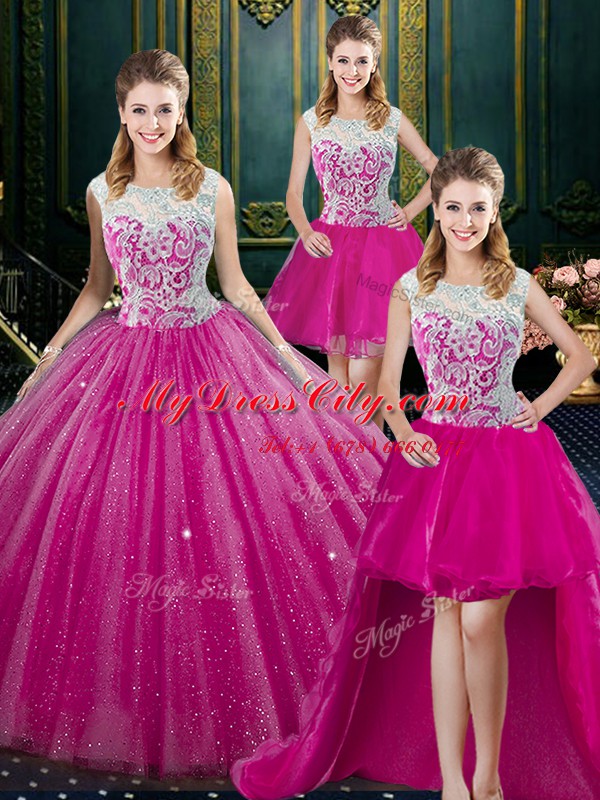 High Quality Four Piece Sleeveless Lace Zipper Quinceanera Gown