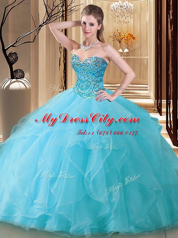 Free and Easy Aqua Blue Lace Up Sweetheart Beading Quinceanera Dresses Tulle Sleeveless