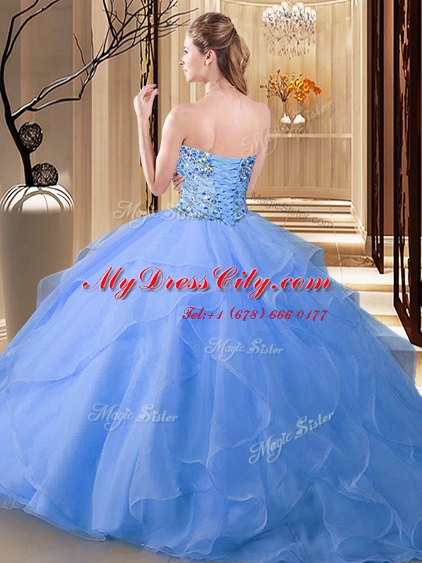 Free and Easy Aqua Blue Lace Up Sweetheart Beading Quinceanera Dresses Tulle Sleeveless