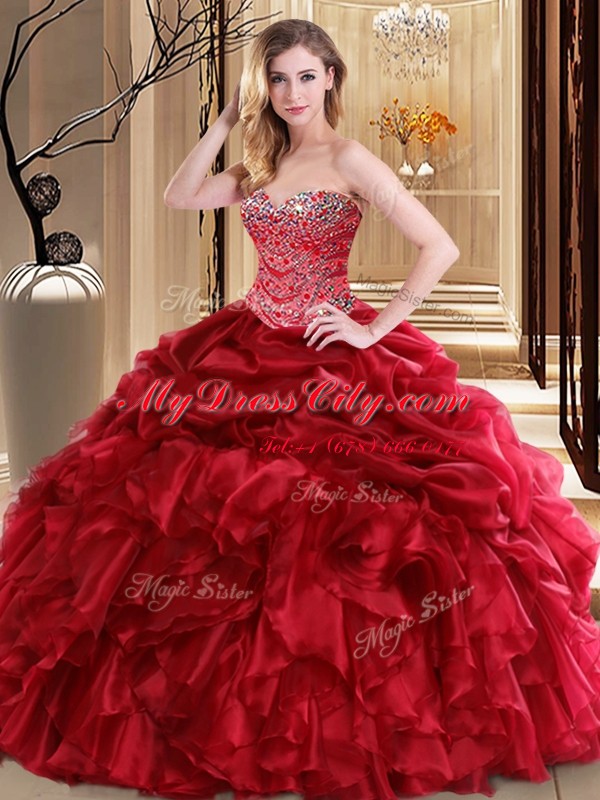 Red Ball Gowns Beading and Pick Ups 15 Quinceanera Dress Lace Up Organza Sleeveless Floor Length