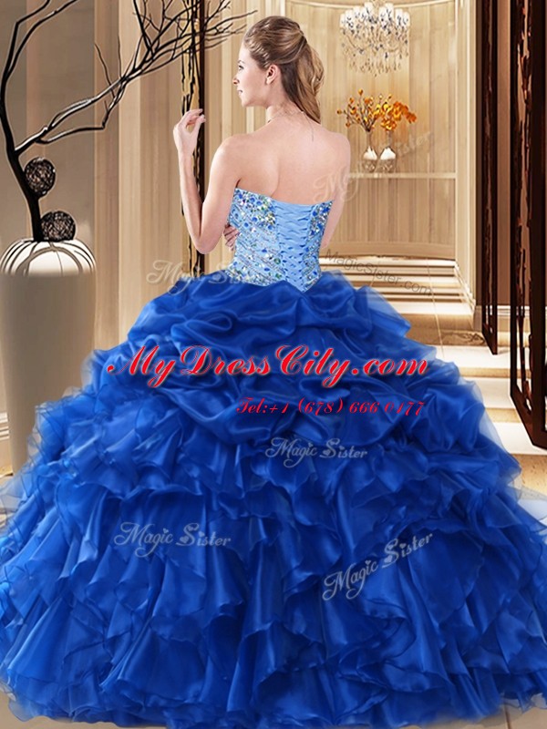 Red Ball Gowns Beading and Pick Ups 15 Quinceanera Dress Lace Up Organza Sleeveless Floor Length