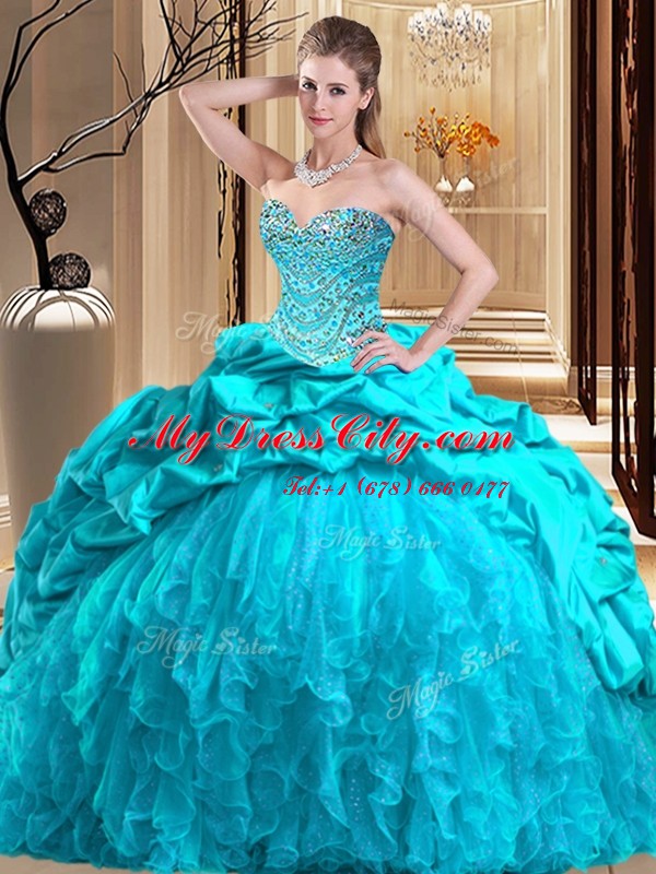 Customized Aqua Blue Taffeta and Tulle Lace Up Sweetheart Sleeveless Ball Gown Prom Dress Brush Train Beading and Ruffles