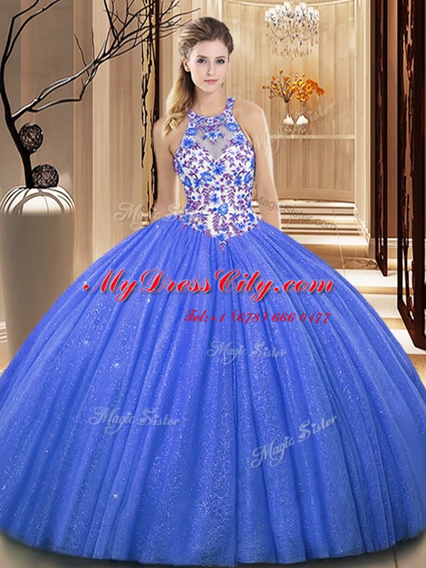 High-neck Sleeveless Organza 15 Quinceanera Dress Lace and Appliques Lace Up