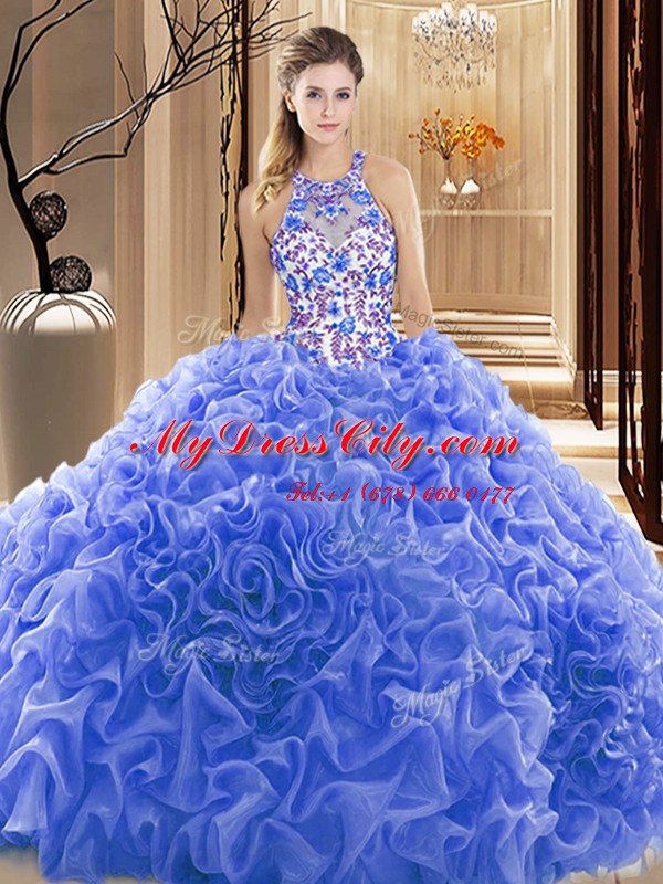 Glamorous Backless Organza Sleeveless Quinceanera Dresses Court Train and Embroidery and Ruffles