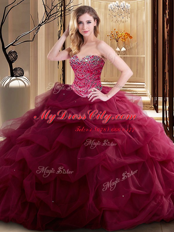 Burgundy Sleeveless Beading and Ruffles Floor Length Sweet 16 Quinceanera Dress