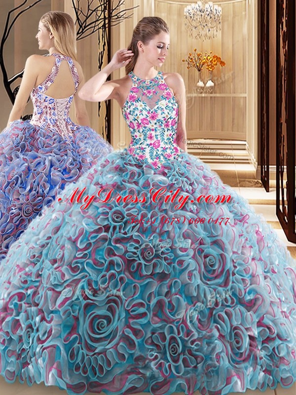 Fitting Sweep Train Ball Gowns 15th Birthday Dress Multi-color High-neck Fabric With Rolling Flowers Sleeveless Criss Cross