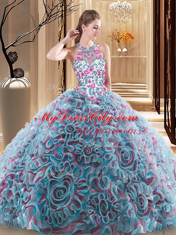 Fitting Sweep Train Ball Gowns 15th Birthday Dress Multi-color High-neck Fabric With Rolling Flowers Sleeveless Criss Cross