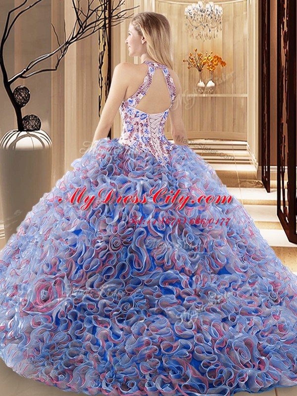 Fitting Sweep Train Ball Gowns 15th Birthday Dress Multi-color High-neck Fabric With Rolling Flowers Sleeveless Criss Cross