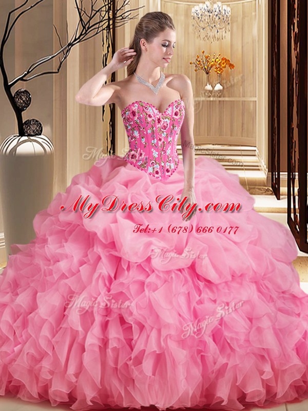 Luxurious Sleeveless Brush Train Embroidery and Ruffles and Pick Ups Lace Up Vestidos de Quinceanera