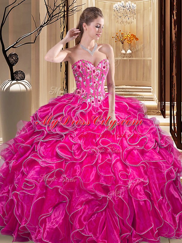 Extravagant Fuchsia Ball Gowns Embroidery and Ruffles Sweet 16 Quinceanera Dress Lace Up Organza Sleeveless Floor Length