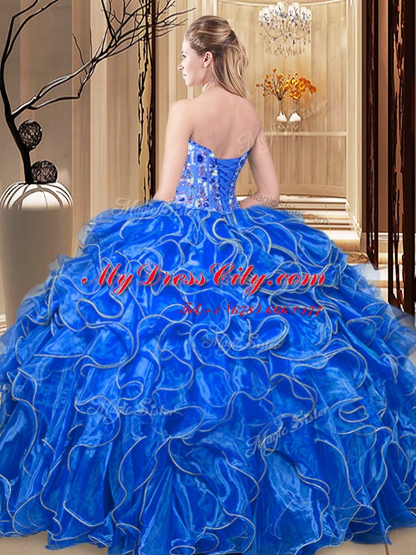 Extravagant Fuchsia Ball Gowns Embroidery and Ruffles Sweet 16 Quinceanera Dress Lace Up Organza Sleeveless Floor Length