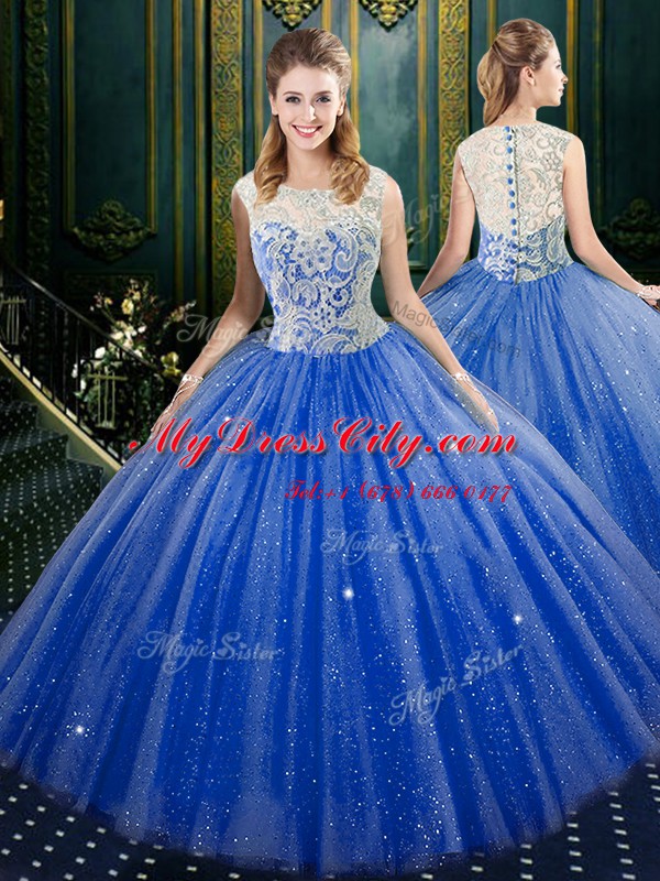 Royal Blue Tulle Zipper Sweet 16 Dresses Sleeveless Floor Length Lace