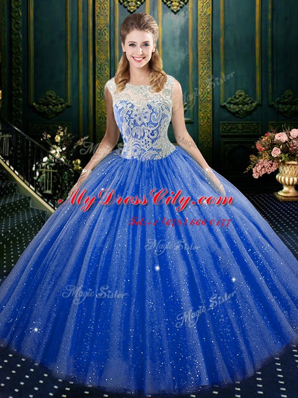 Royal Blue Tulle Zipper Sweet 16 Dresses Sleeveless Floor Length Lace