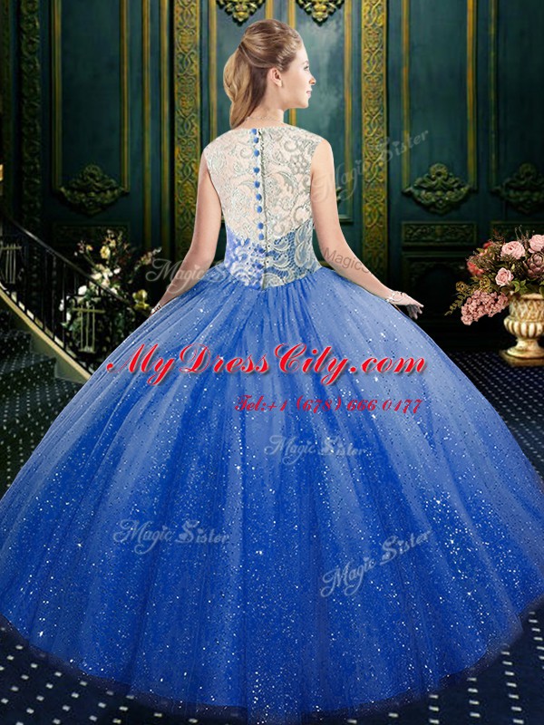 Royal Blue Tulle Zipper Sweet 16 Dresses Sleeveless Floor Length Lace