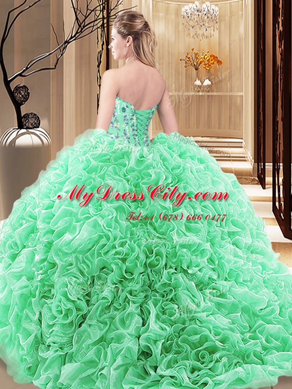 Pick Ups Sweetheart Sleeveless Lace Up Quince Ball Gowns Fabric With Rolling Flowers