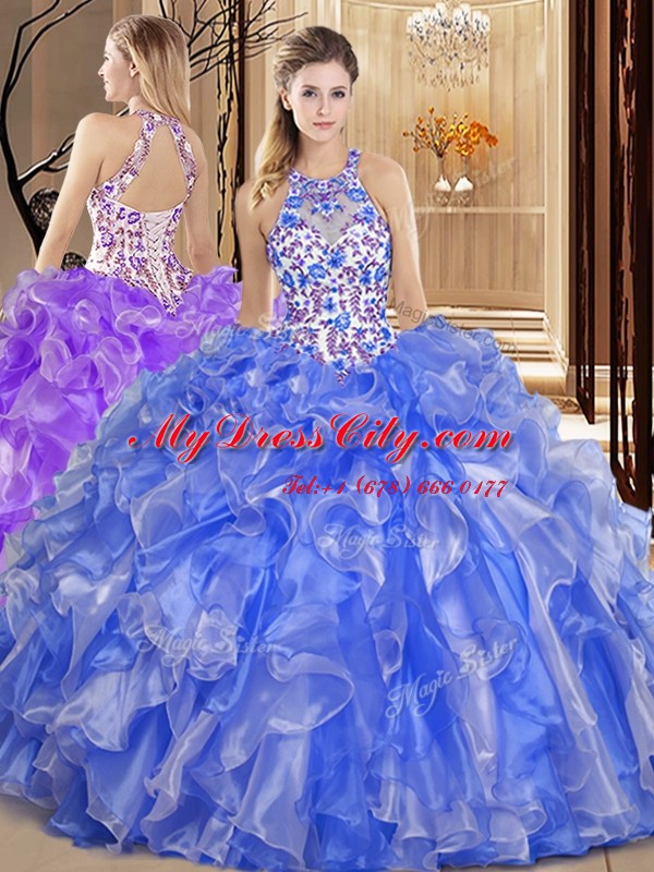 Perfect Scoop Sleeveless Organza Floor Length Backless Quinceanera Gowns in Blue with Embroidery and Ruffles