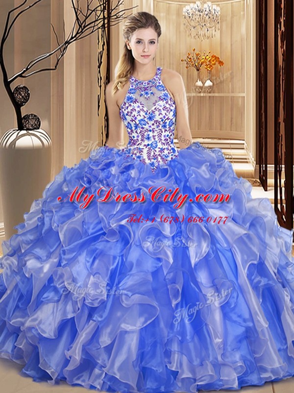 Perfect Scoop Sleeveless Organza Floor Length Backless Quinceanera Gowns in Blue with Embroidery and Ruffles