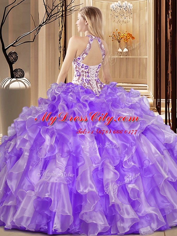 Perfect Scoop Sleeveless Organza Floor Length Backless Quinceanera Gowns in Blue with Embroidery and Ruffles