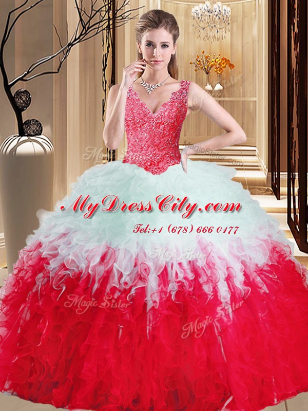 Best Ball Gowns 15th Birthday Dress White And Red V-neck Tulle Sleeveless Floor Length Zipper