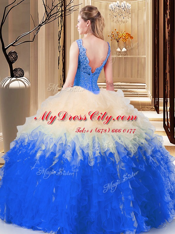 Best Ball Gowns 15th Birthday Dress White And Red V-neck Tulle Sleeveless Floor Length Zipper