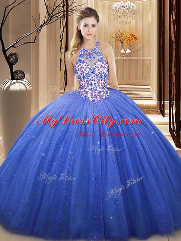 Blue Lace Up V-neck Lace and Appliques Quinceanera Dress Tulle Sleeveless