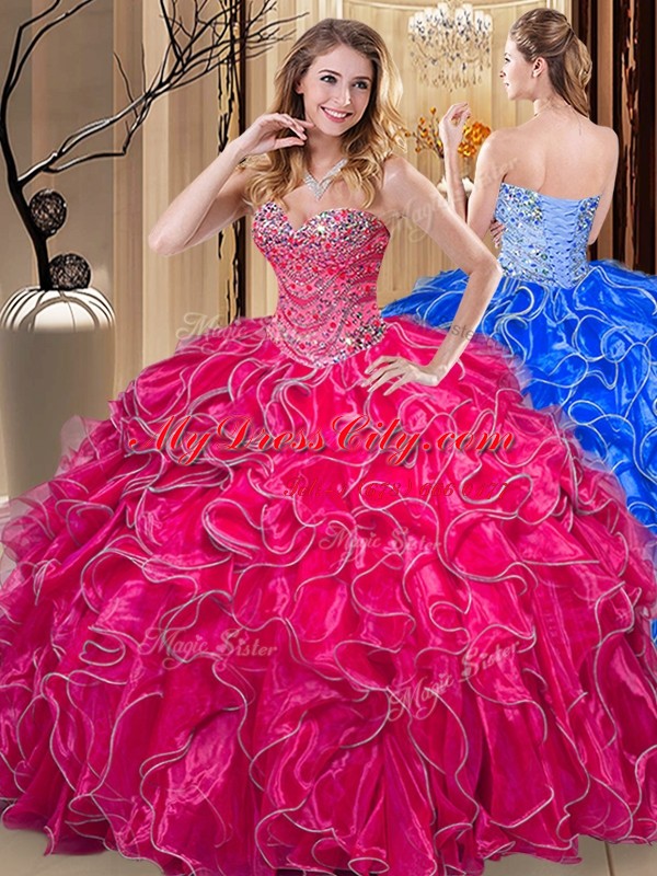 Customized Hot Pink Organza Lace Up Quinceanera Dresses Sleeveless Floor Length Beading and Ruffles