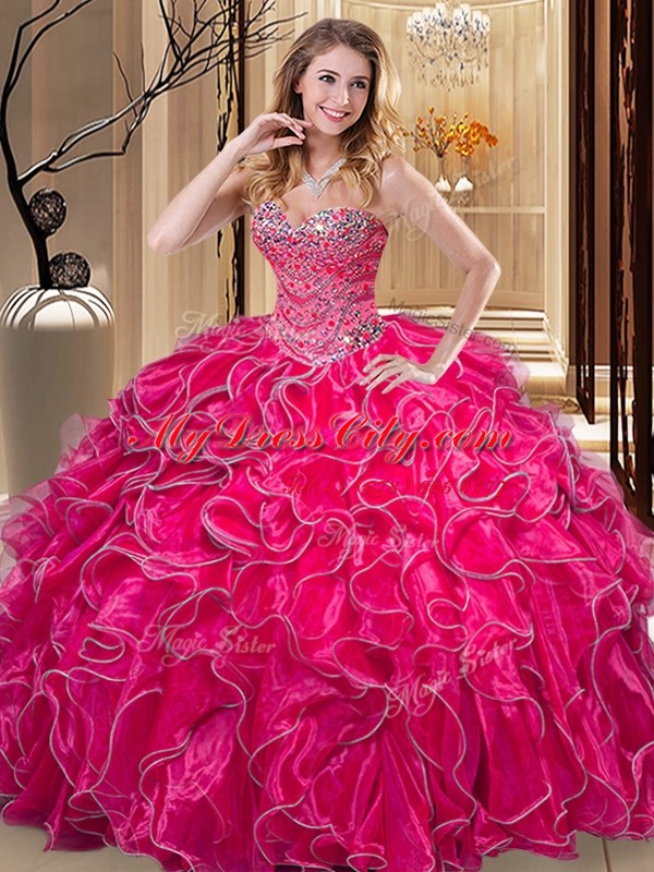 Customized Hot Pink Organza Lace Up Quinceanera Dresses Sleeveless Floor Length Beading and Ruffles