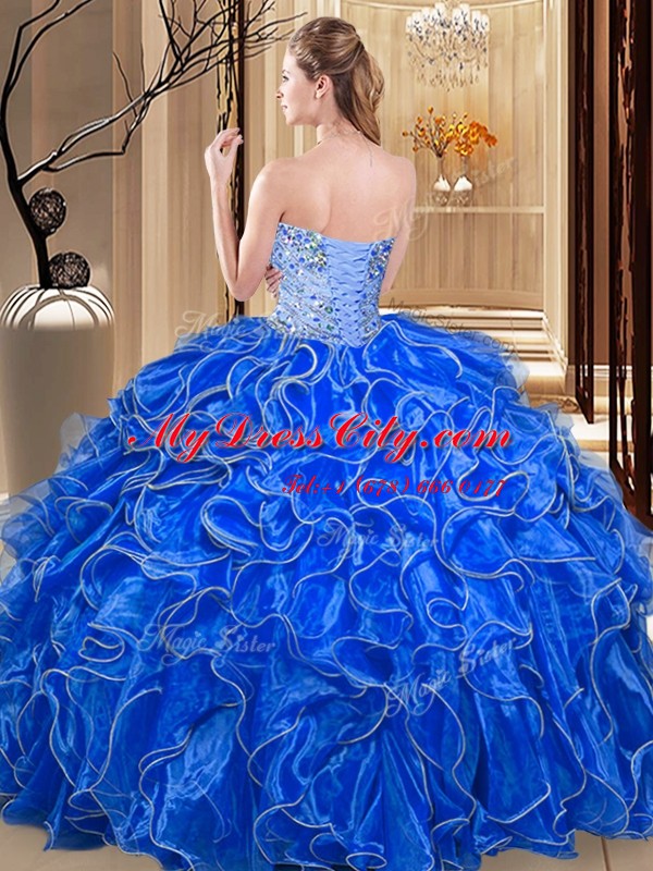 Customized Hot Pink Organza Lace Up Quinceanera Dresses Sleeveless Floor Length Beading and Ruffles