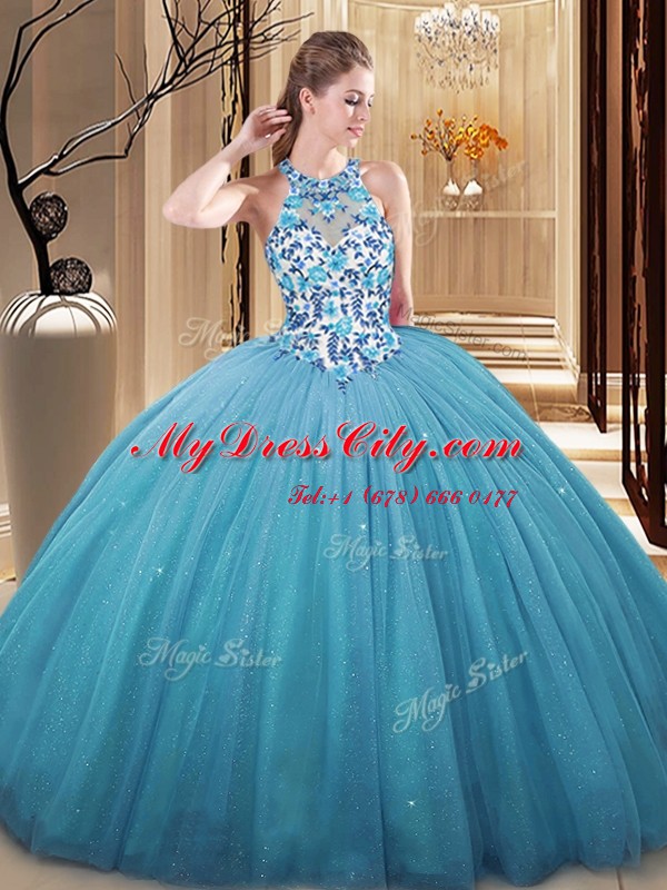 Custom Fit Sleeveless Floor Length Lace and Appliques Lace Up Quinceanera Dresses with Blue