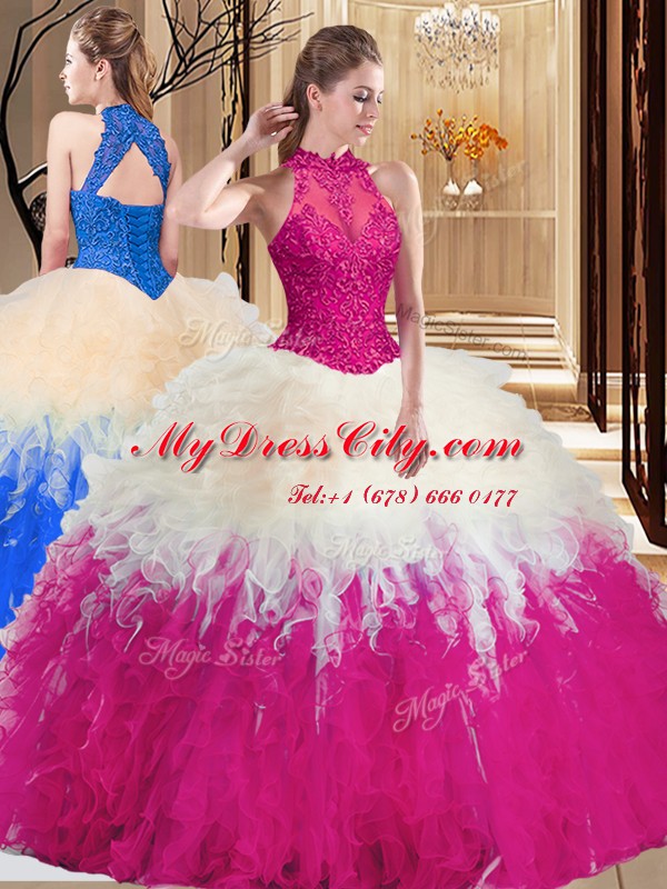 High-neck Sleeveless Backless 15th Birthday Dress Multi-color Tulle