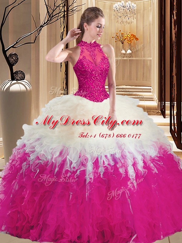 High-neck Sleeveless Backless 15th Birthday Dress Multi-color Tulle