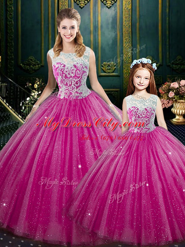 Custom Designed Hot Pink High-neck Neckline Lace Sweet 16 Dresses Sleeveless Lace Up