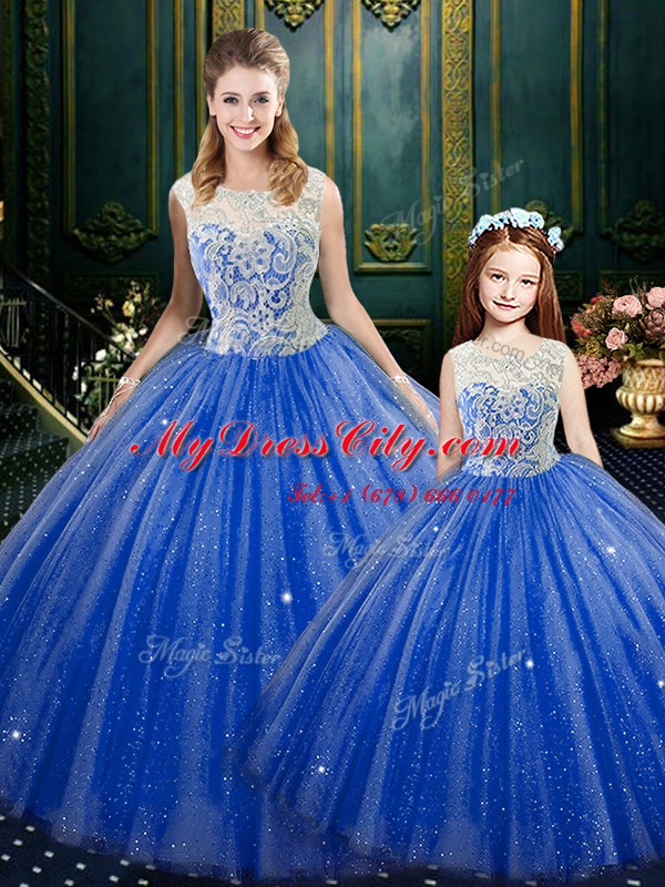 Royal Blue Sleeveless Floor Length Lace Zipper Sweet 16 Dress