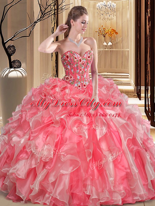 Exceptional Watermelon Red Lace Up Sweetheart Embroidery and Ruffles Quinceanera Dress Organza Sleeveless