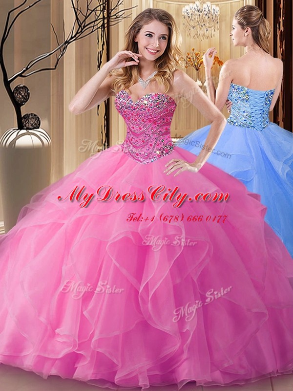 Rose Pink Ball Gowns Beading Ball Gown Prom Dress Lace Up Tulle Sleeveless Floor Length