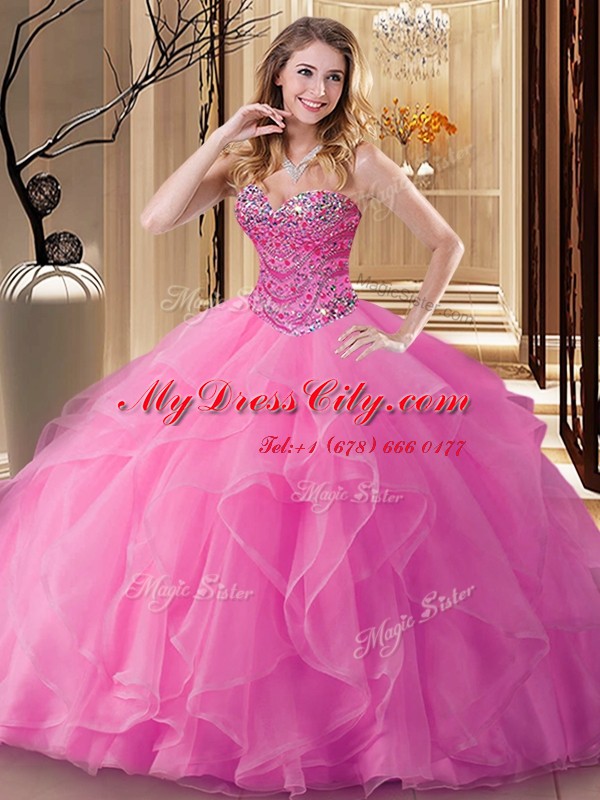 Rose Pink Ball Gowns Beading Ball Gown Prom Dress Lace Up Tulle Sleeveless Floor Length