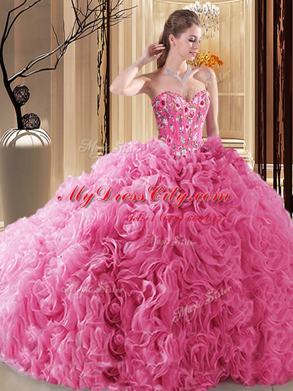 Stunning Rose Pink Lace Up Sweetheart Embroidery and Ruffles and Pick Ups Ball Gown Prom Dress Fabric With Rolling Flowers Sleeveless