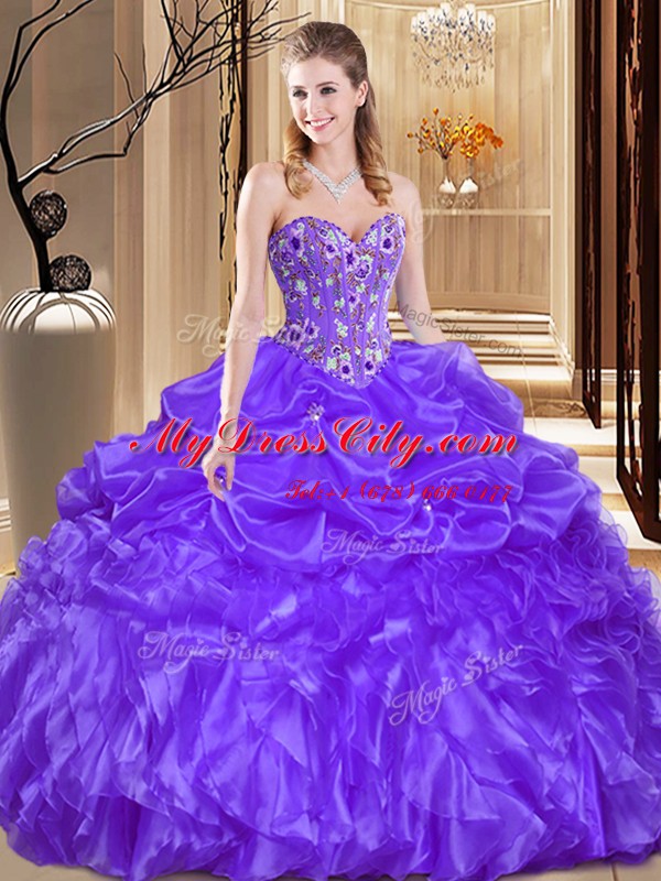 Graceful Purple 15 Quinceanera Dress Military Ball and Sweet 16 and Quinceanera and For with Beading and Embroidery Sweetheart Sleeveless Lace Up