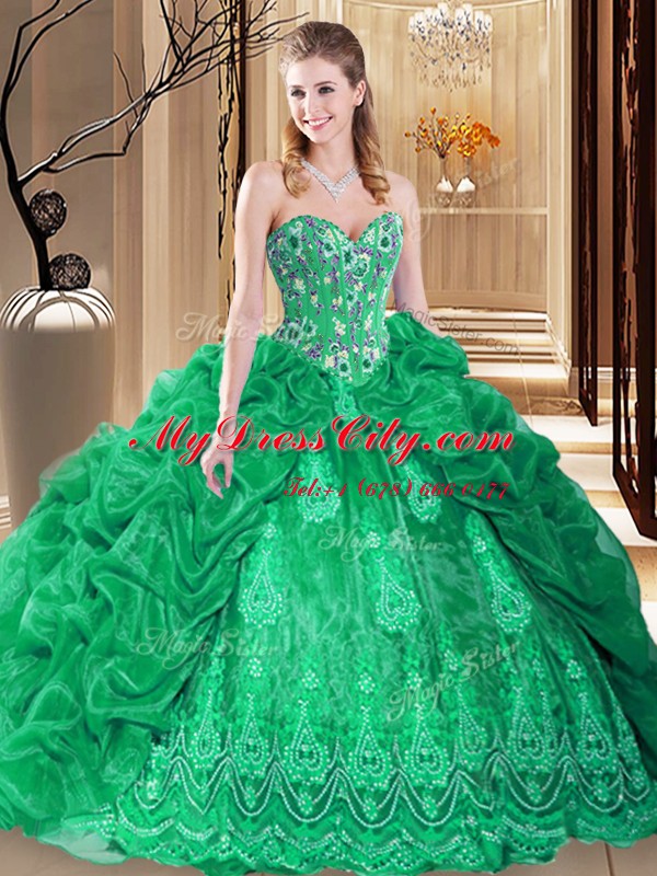 Luxurious Sleeveless Embroidery and Pick Ups Lace Up 15 Quinceanera Dress with Green Court Train