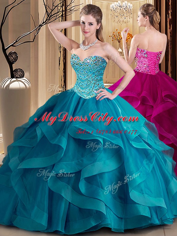 Classical Floor Length Teal Quinceanera Dress Tulle Sleeveless Beading and Ruffles