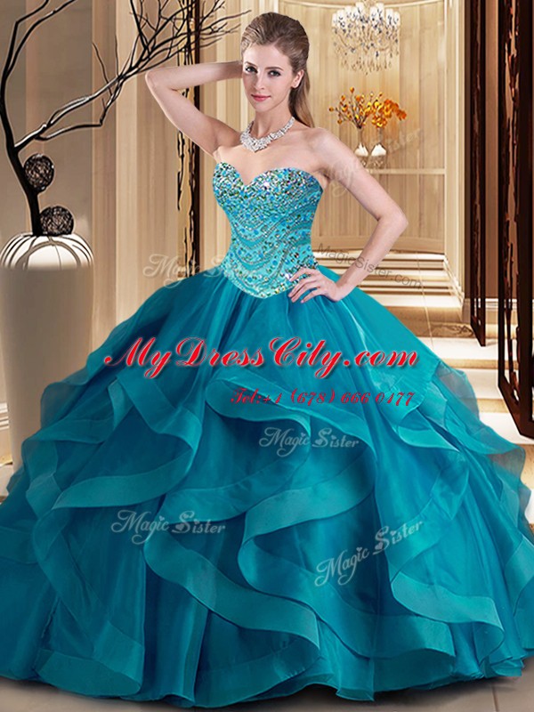 Classical Floor Length Teal Quinceanera Dress Tulle Sleeveless Beading and Ruffles