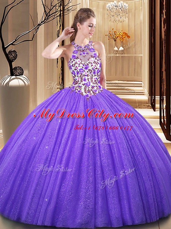 Lavender 15 Quinceanera Dress Military Ball and Sweet 16 and Quinceanera and For with Embroidery and Sequins Scoop Sleeveless Backless