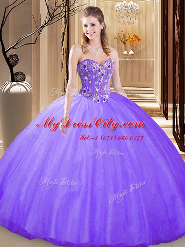 Wonderful Floor Length Lavender Sweet 16 Dresses Tulle Sleeveless Embroidery