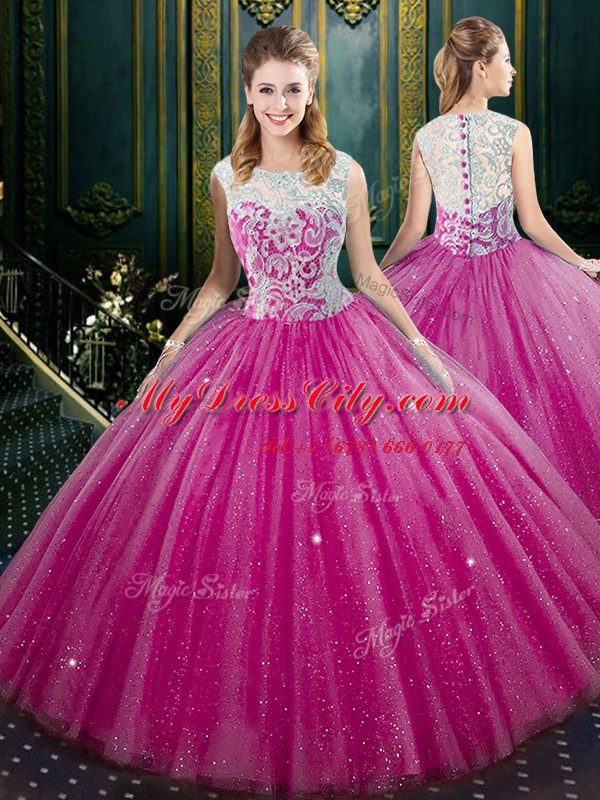 Fuchsia High-neck Zipper Lace Vestidos de Quinceanera Sleeveless