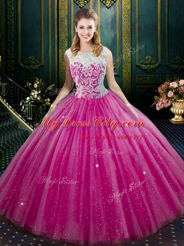 Fuchsia High-neck Zipper Lace Vestidos de Quinceanera Sleeveless